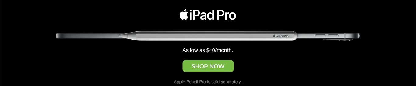 Banner promoting the New Apple iPad Air, with the Apple logo, a picture of the iPad Air, text stating as low as $25/mo., and a button to Shop Now