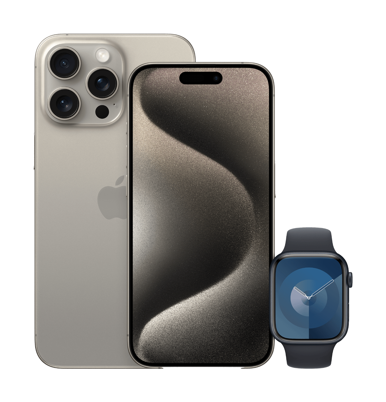iPhone 15 front and back with a Apple Watch Series 9 to the right