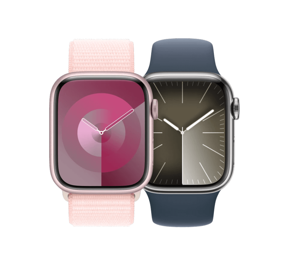 A pink Apple Watch Series 9 with a black Apple Watch Series 9 side by side